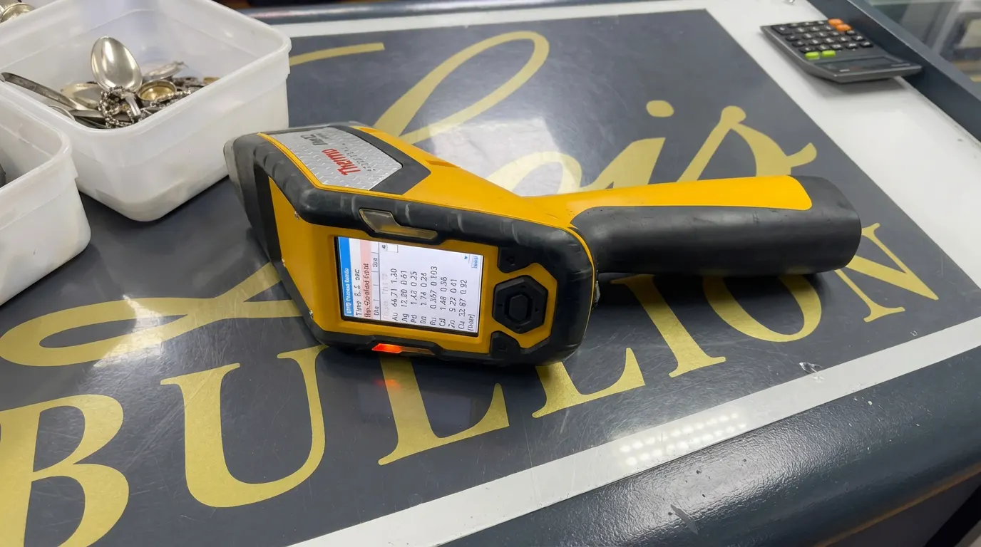 XRF scanner results screen showing scientific gold purity readings