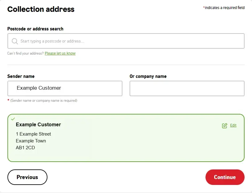 Royal Mail collection address form with sender details