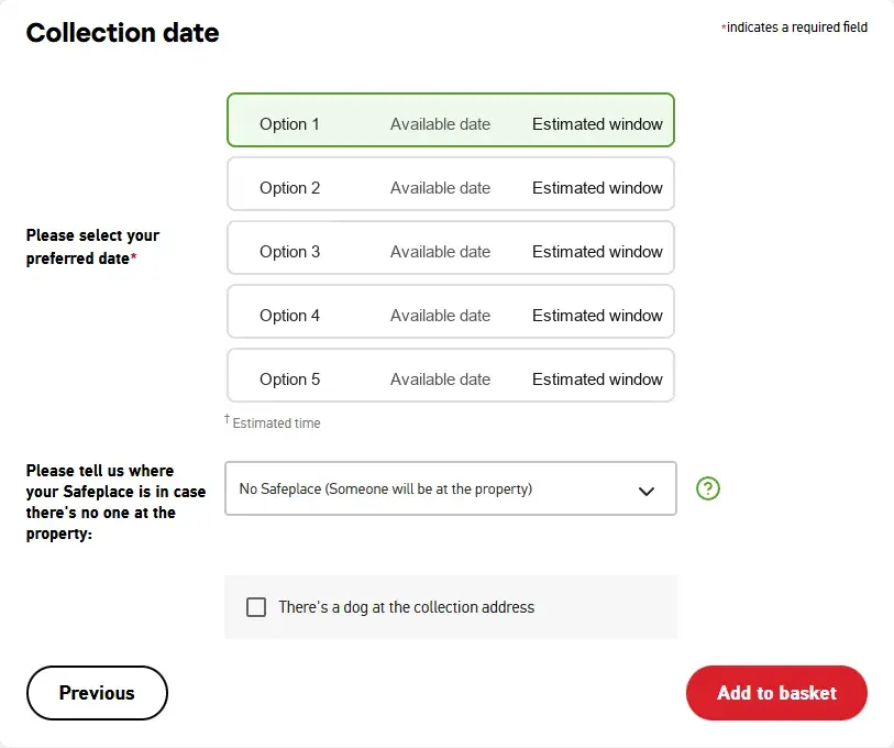 Royal Mail collection date and Safeplace options