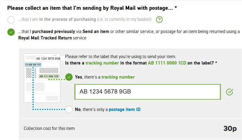 Royal Mail collection form with the tracking number option selected
