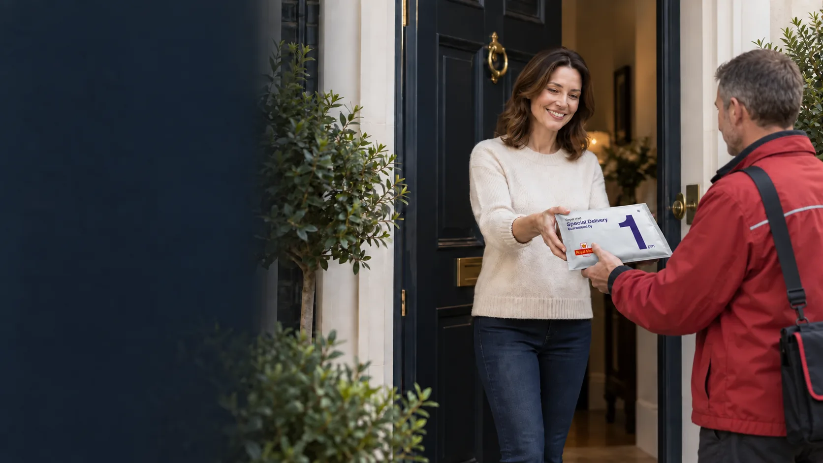 Royal Mail collection driver receiving a Lois Bullion seller pack at a customer's door