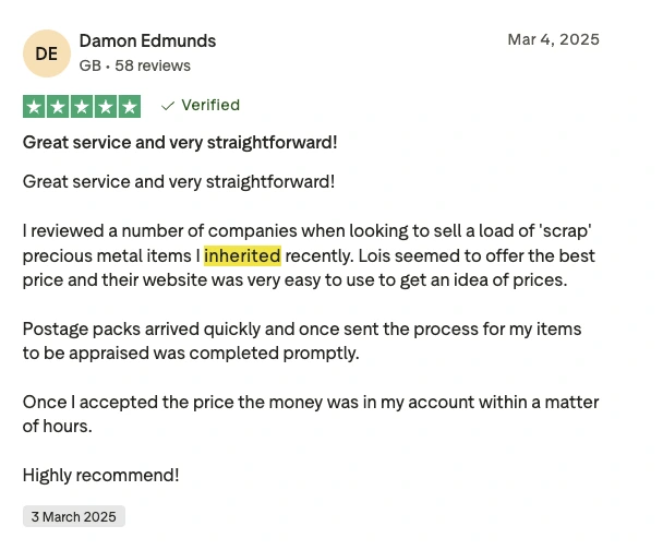 Trustpilot review describing inherited unwanted jewellery and recommendation.