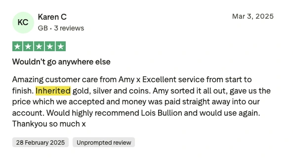 Trustpilot review describing inherited scrap precious metals and prompt payment.