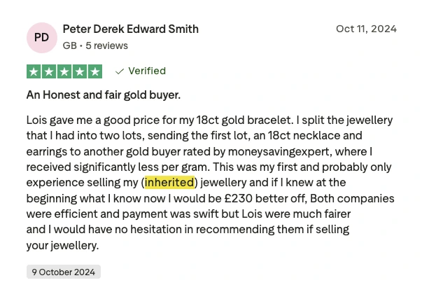 Trustpilot review from a customer selling inherited gold jewellery praising fair pricing and transparency.