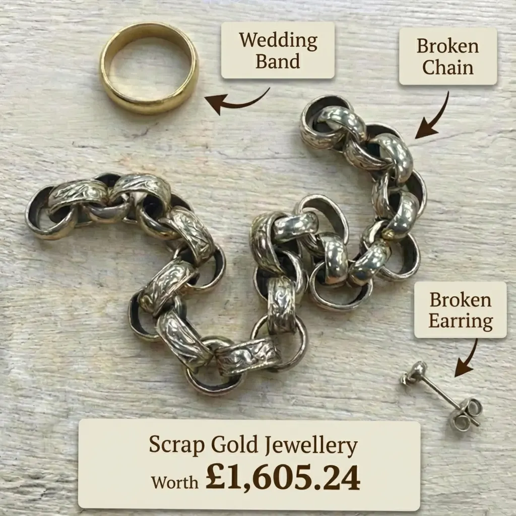 Scrap gold jewellery including a broken chain, single earring and wedding band