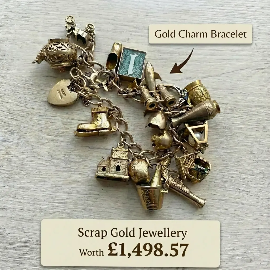 Scrap gold charm bracelet with mixed gold charms and links