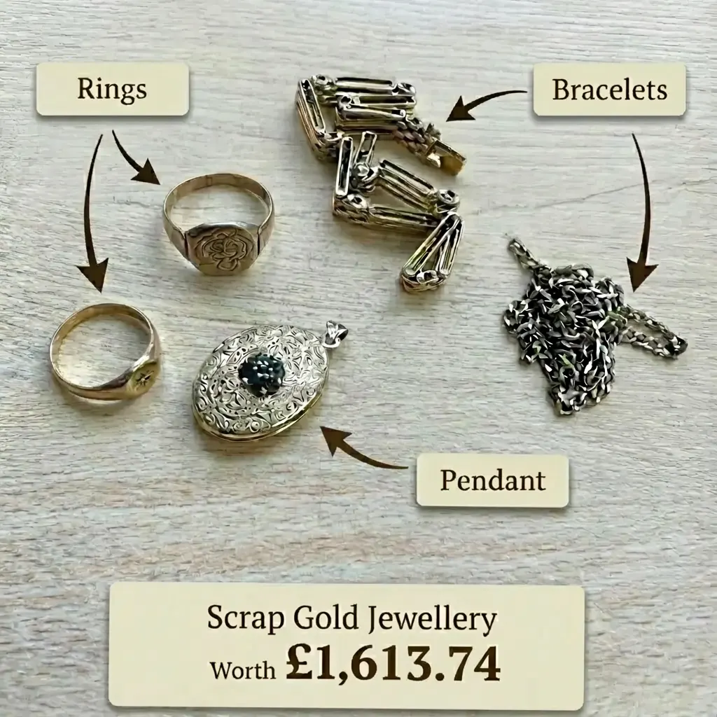 Scrap gold jewellery including rings, bracelets and a pendant